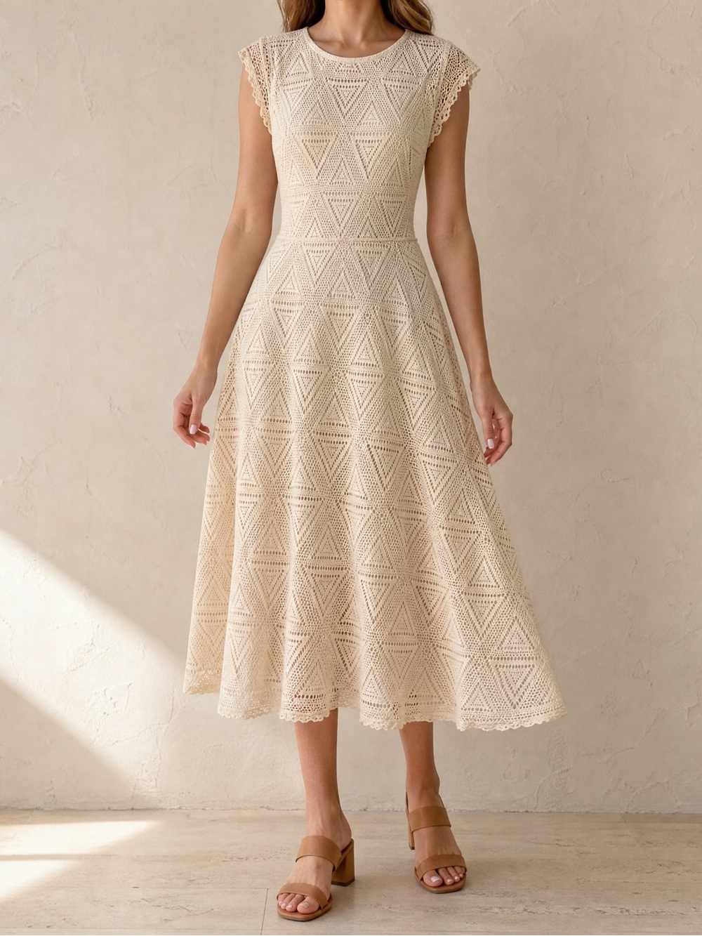 Sharagano Ivory Crochet Lace Fit & Flare Dress Women’s 6 Geometric Lined Boho
